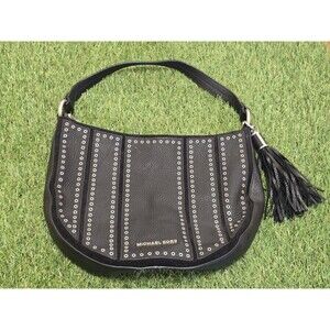 Michael Kors Black Leather Studded Shoulder Bag With Tassel Accent
